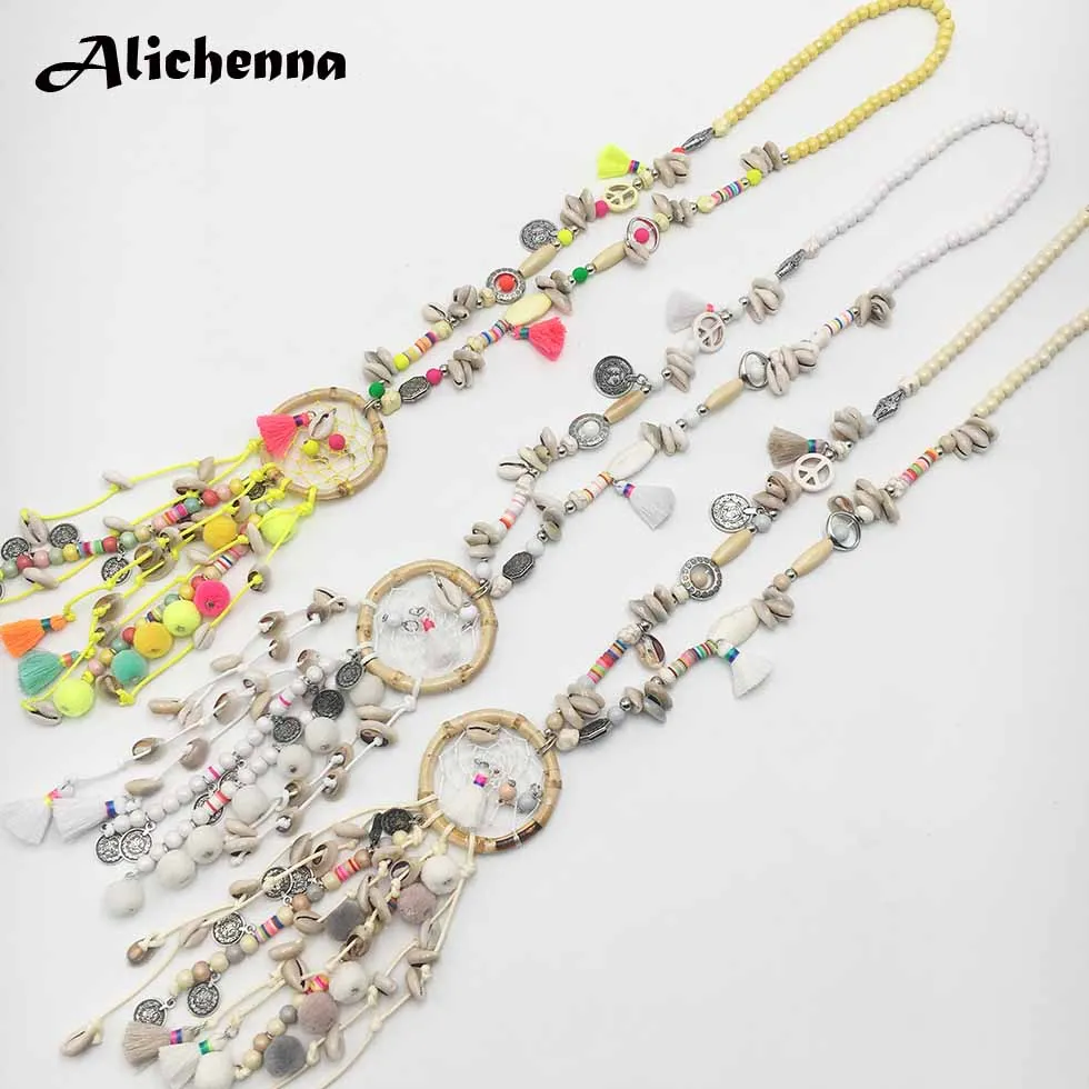 

Color Handmade Long Necklace Bohemian Boho Punk Ethnic Wooden Beads Shell Tassel Fashion Necklace for Charm Women 2019 Statement