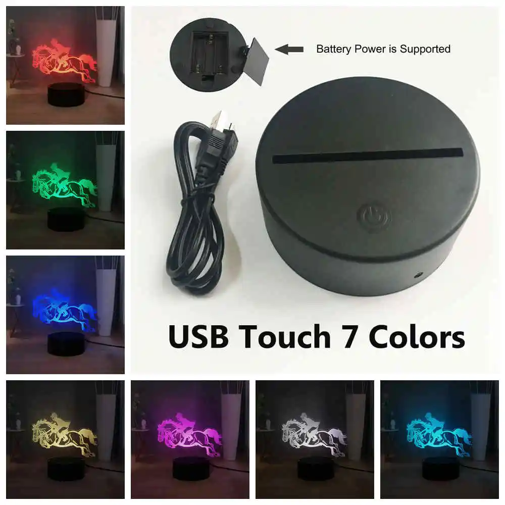 USB Touch 7 colors 3D иллюзия настольная лампа Stero Horse Racing настольная лампа RGB разноцветные конные всадники светодиодный ночник Конный дети мальчики игрушки подарки - Испускаемый цвет: USB Touch 7 colors