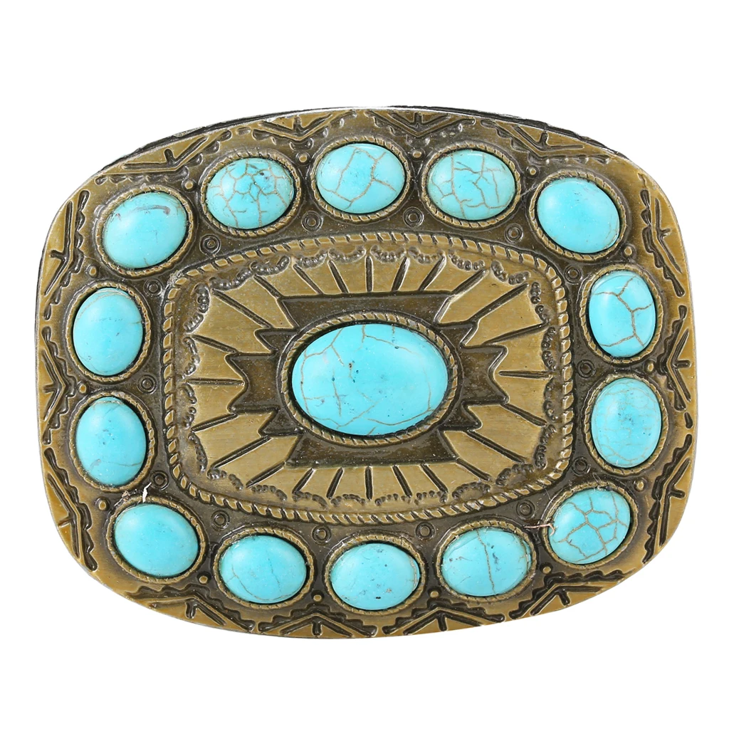 Vintage Cowboy Turquoise Bead Belt Buckle Women Blue Classic Boho Bronze Tone Buckles Point Square Buckle For 1.4-1.5inch belt