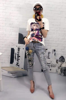 

2019 European Station Fashion New Elastic Lace And Sequins Stitch Flower Female Stitch Patchwork Women Jeans