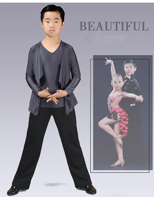 Boys' Latin Dance Shirt - Spliced Mesh Long Sleeve, Slim Fit, For Salsa, Tango, Performance