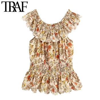 

TRAF Women Fashion Floral Print Elastic Smocked Blouses Vintage Hollow Out Embroidery Ruffle Female Shirts Chic Tops