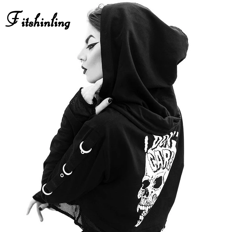 

Fitshinling Mesh Patchwork Skull Gothic Hoodies For Women 2019 Autumn Winter Hoody Goth Dark Black Slim Hooded Sweatshirt Female