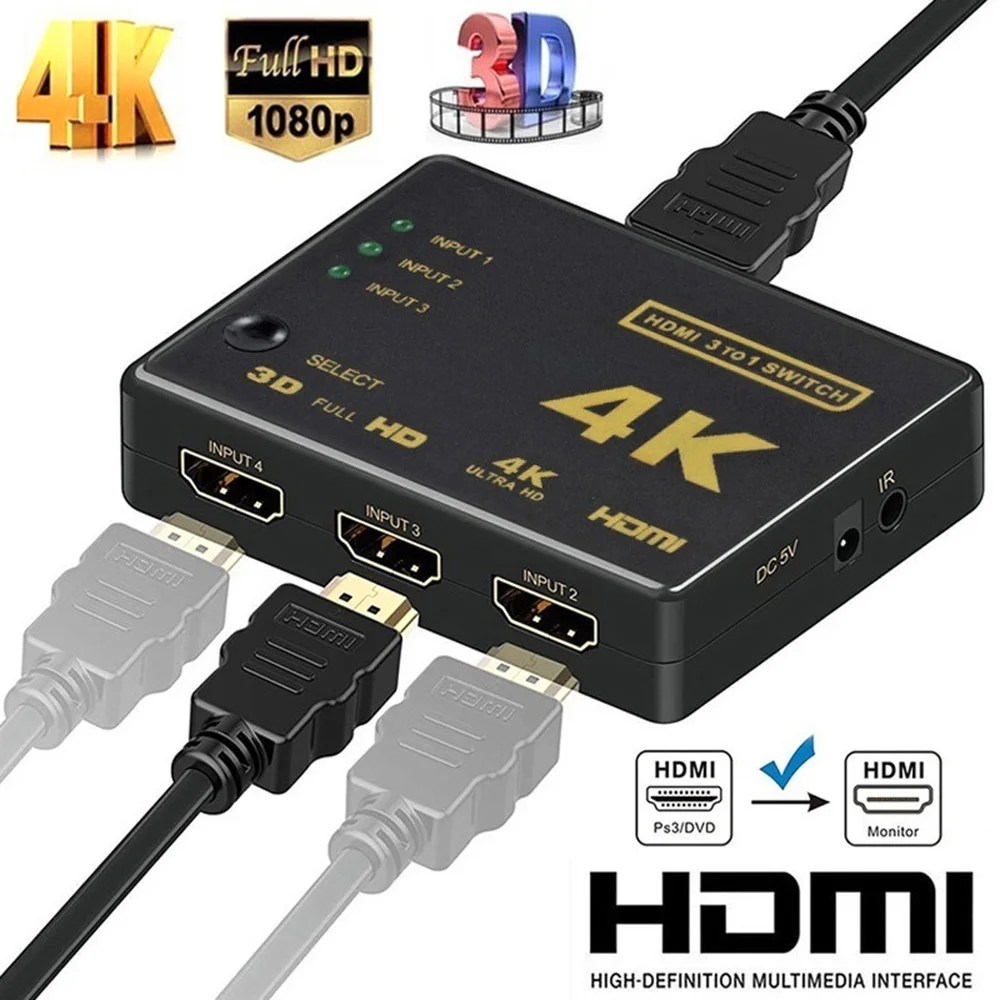3D 1080p HDMI коммутатор сплиттер концентратор+ ИК пульт дистанционного управления 4K* 2K 3 вход 1 выход ручной переключатель дистанционного управления