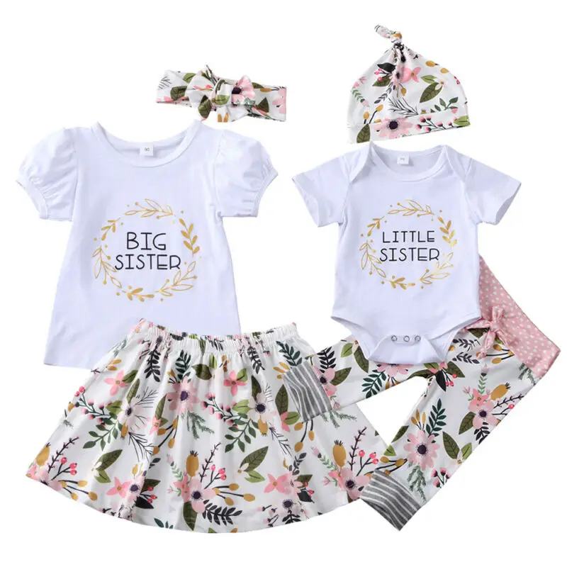 Summer Toddler Kids Baby Girls Little Big Sister Floral Romper T-shirt+Pants Outfit Set Matching Clothes Set