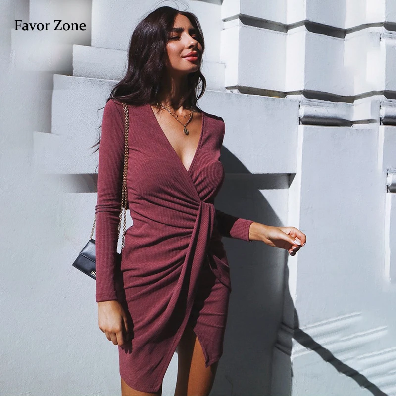 Autumn Dress Women Asymmetrical Hem Long Sleeve Warm Knitted Winter Sexy Deep V-neck Mini Bodycon Evening Party Dresses | Женская одежда