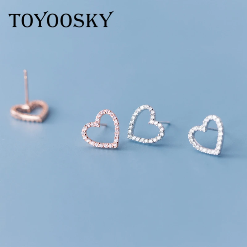 

100% 925 Solid Real Sterling Silver Hollow Heart With CZ Stud Earring For Women Lady Silver 925 Jewelry