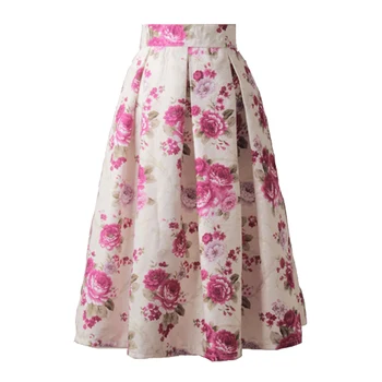 

2020 Vintage Pink Floral Pleated Skirts Women Retro Flower Hepburn High Waist A-Line Tutu Midi Skirt Lady Casual Saia Femininas