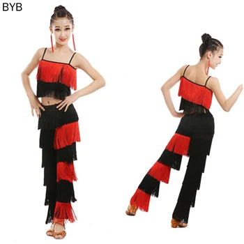 

Latin Competition Dress Kids Baby Girl Dance Dress Ballroom Salsa Tango Costume Pratice Tassel Asymmetric Modren Top Pants Suit