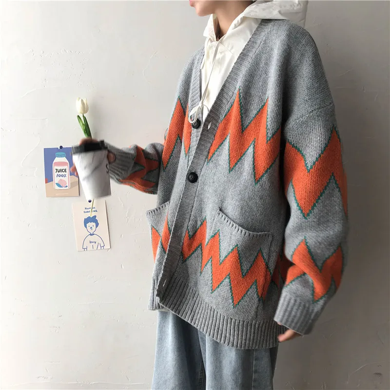 Японский осенний корейский вариант большого размера Свободный Ромбический кардиган вязаная утепленная одежда Повседневный свитер дикая пара