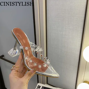 女性はセクシーなハイヒールの靴女性の透明ポインテッドトゥパーティーシューズスリッパ結婚式の靴新デザイン