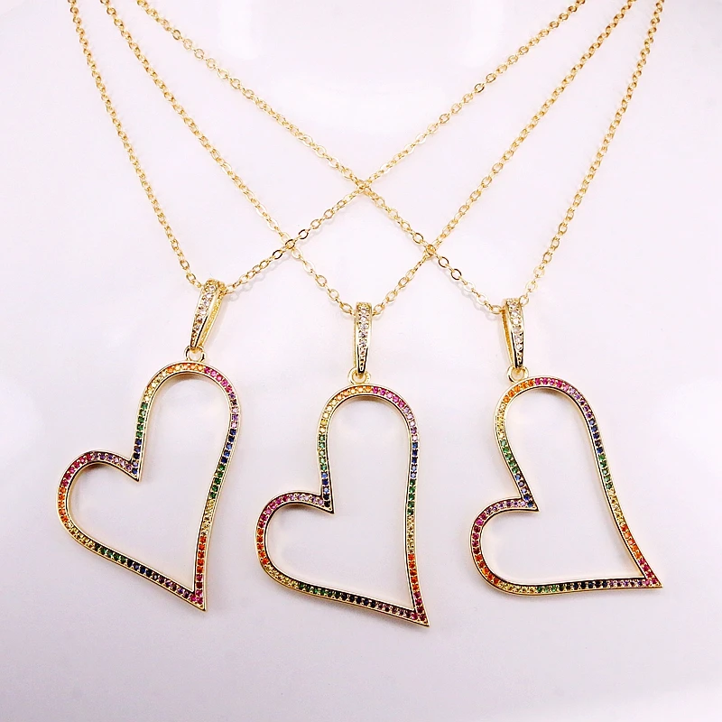 

6PCS, Gold Filled Crystal Colorful Zirconia Pendant, Fashion Multi Rainbow CZ Micro Pave Heart Pendant Necklaces
