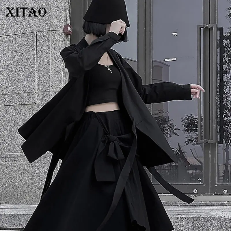 

XITAO Black Bandage Jacket Women Fashion New Full Sleeve 2019 Winter Autumn Pleated Wide Waist Minority Small Fresh Coat DMY1529