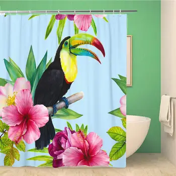 

72x72 Inches Shower Curtain Watercolor Hand Drawn Pattern with Sitting on a Branch Rainbow Toucan and Topical Waterproof