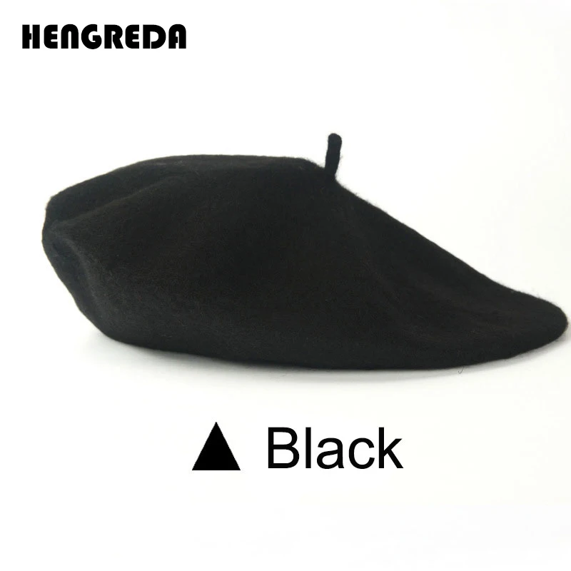 Black Женский берет, шапка, Дамская, Haps, во французском стиле, шапочка, s, французская мода, шерсть, одноцветная, Hengreda, шапка для женщин и девушек - Цвет: Black
