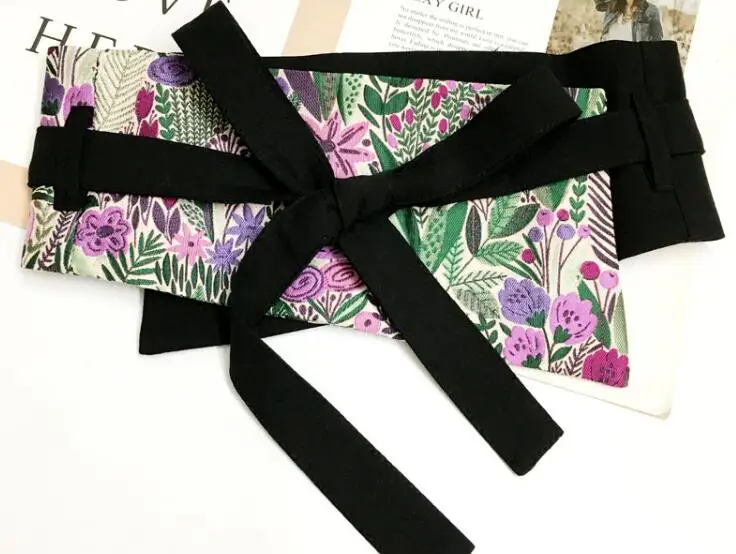 Новейшая ткань Obi Цветочный корсет с вышивкой пояс широкий осень зима тонкое платье с запахом тонкая талия широкий пояс для дам