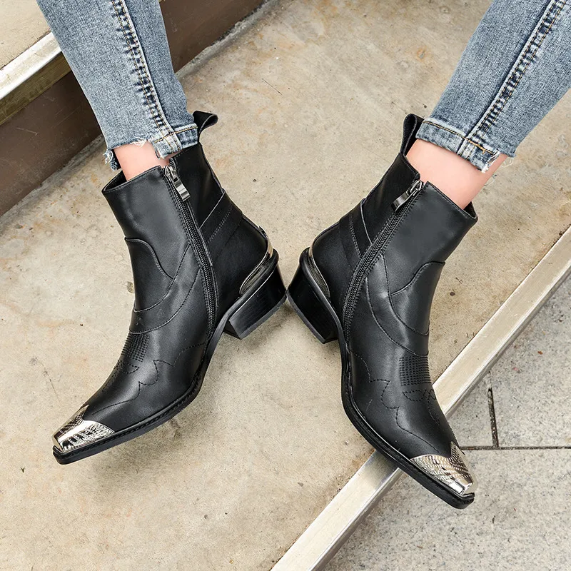 Брендовая дизайнерская обувь ботильоны для женщин из натуральной коровьей кожи ковбойские сапоги вестерн с металлическим носком женские ботинки обувь на низком каблуке 43