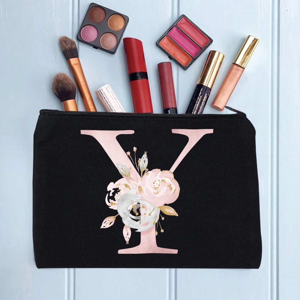 Women's Cosmetic Makeup Bags Female Organizer Pink Flower 26 Letters School Pencil Cases Carrying Bag for Coin Purse