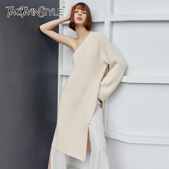 

TWOTWINSYLE Casual Knitting Sweater For Female Irregular Collar Long Sleeve One Shoulder Side Split Sweaters Women Fashion Tide