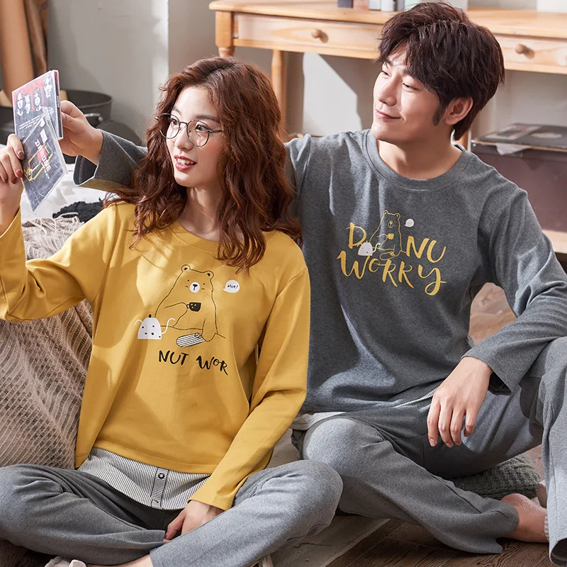 

Pajamas Women's Spring And Autumn 6535 Cotton Long Sleeve Trousers Japanese Korean Korean-style Men And Women Couples Thin Home