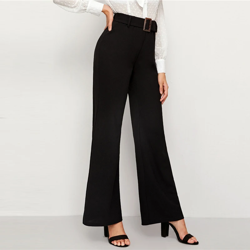 Sheinside черные элегантные прямые брюки с высокой талией женские осенние брюки с эластичным поясом женские брюки с плотным поясом