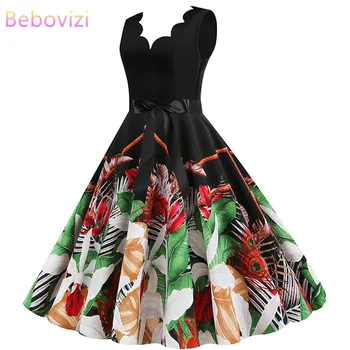 

Floral Printed Vintage Dresses Elegant Sleeveless Plus Size Casual Vestidos Summer Women Black V Neck Party Dress Robe Femme