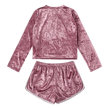 

Autumn Short Gold Velvet Solid Color Long-sleeved Tops+Shorts Sportswear 2PCs Set