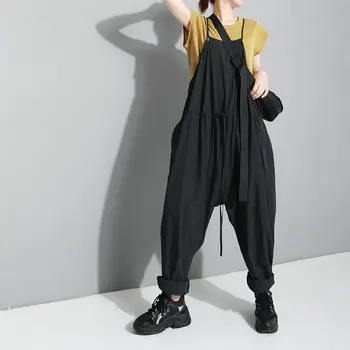 

Runway Bib Baggy Rompers Womens Jumpsuit 2020 Streetwear Plus Size Overalls Loose Black Hip-hop Drop Crotch Jumpsuits With Lace