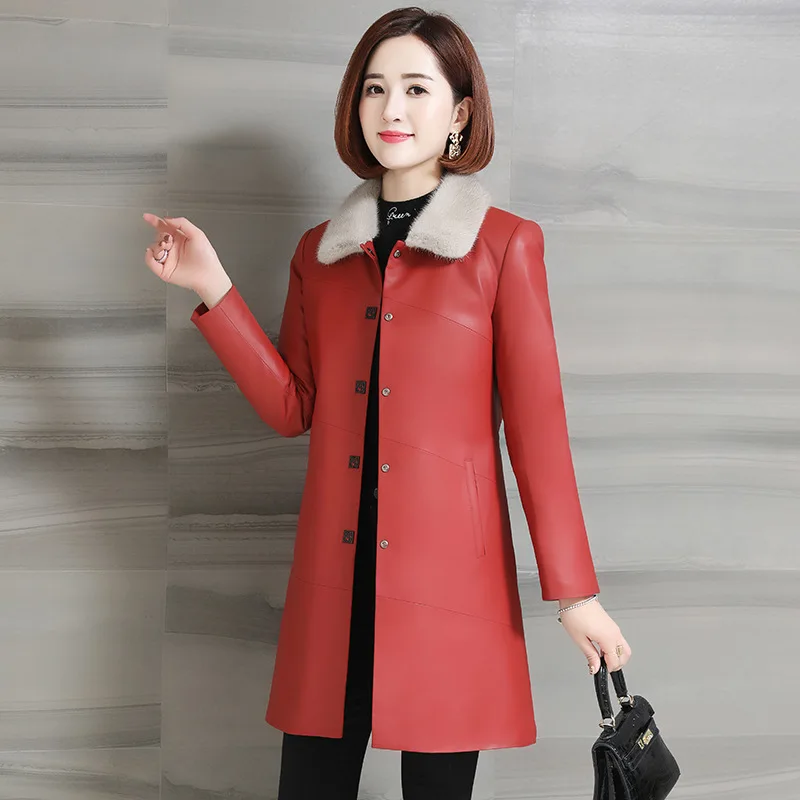 

Women's Down Autumn Winter Genuine Sheepskin Jacket Women Slim Long Real Leather Coat 2002 Jaqueta De Couro