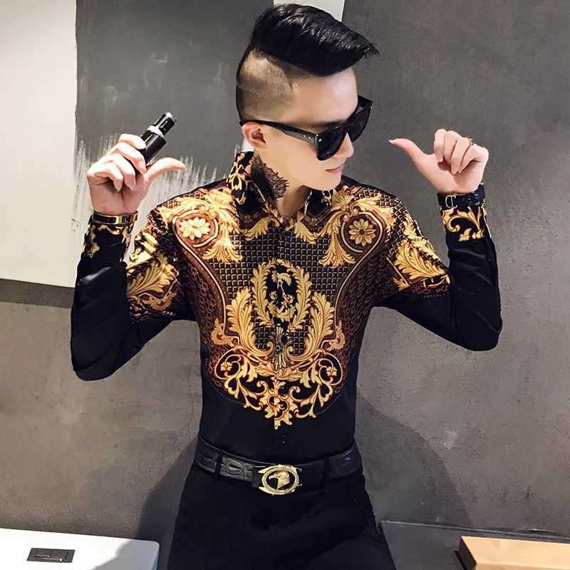 Черная, Золотая Мужская рубашка с принтом пейсли, роскошные корейские мужские рубашки с длинным рукавом и принтом, мужская приталенная Повседневная блуза, мужская рубашка в стиле барокко для банкета - Color: black