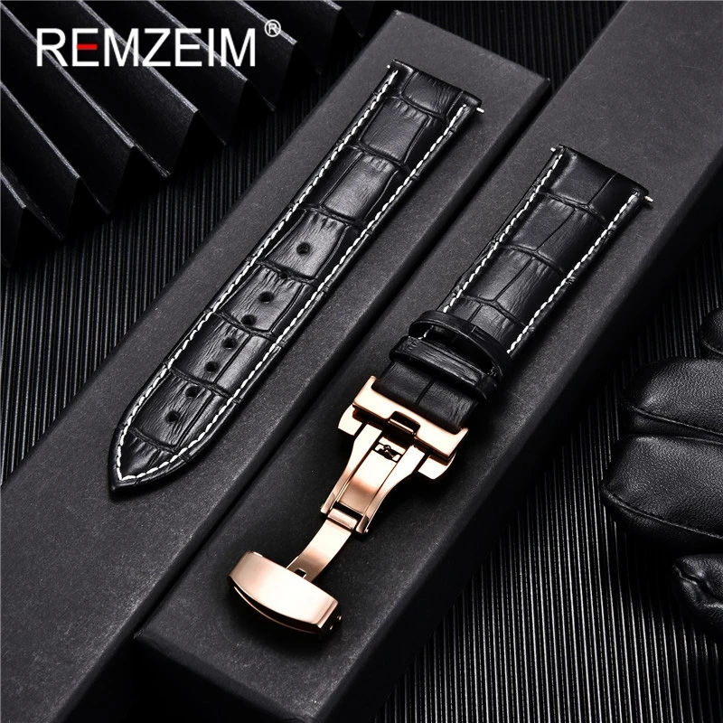 Embossed Genuine Leather Strap with Automatic Butterfly Buckle - Business Watchband
