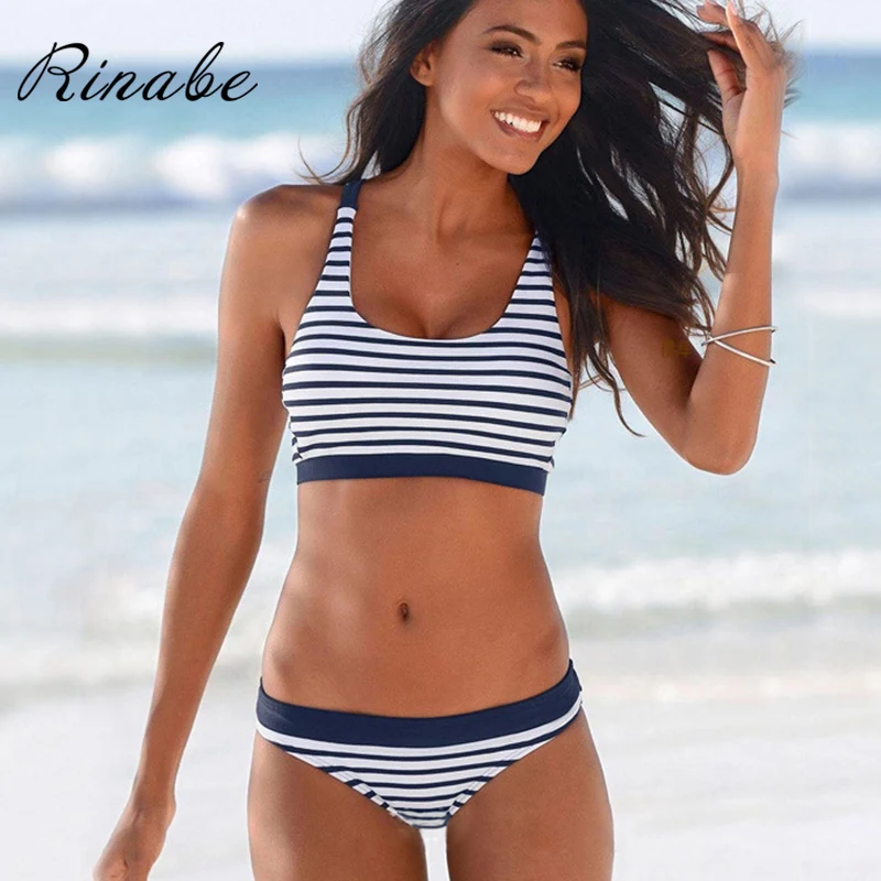 

Rinabe Stripe Bikini Women 2020 Biquini Cross String Swimwear Women Bathing Suit Low Waist Bikini Set Halter Bikinis Beachwear