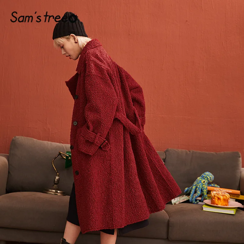 SAM'S TREE/красное однотонное теплое шерстяное пальто в Корейском стиле для женщин; коллекция года; зимняя женская верхняя одежда из овечьей шерсти с двумя пуговицами и поясом