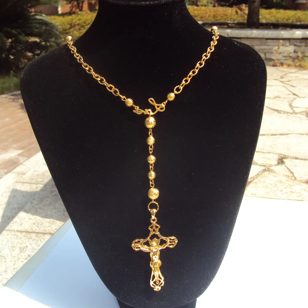 

Loyal women Cool pendant Fine Yellow 18 k Solid gold Filled Holy Rosary Jesus cross Wide Beads Chain necklace Fixed Ensemble