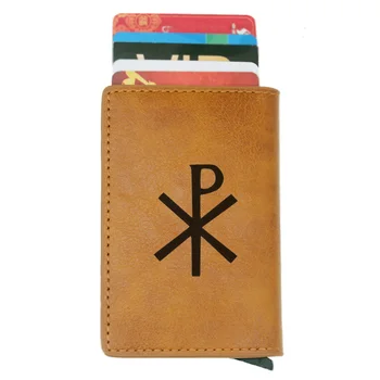 

Catholic Symbol Credit Card Holder Men And Women Metal RFID Vintage Aluminium Box Crazy Horse PU Leather Fashion Card Wallet