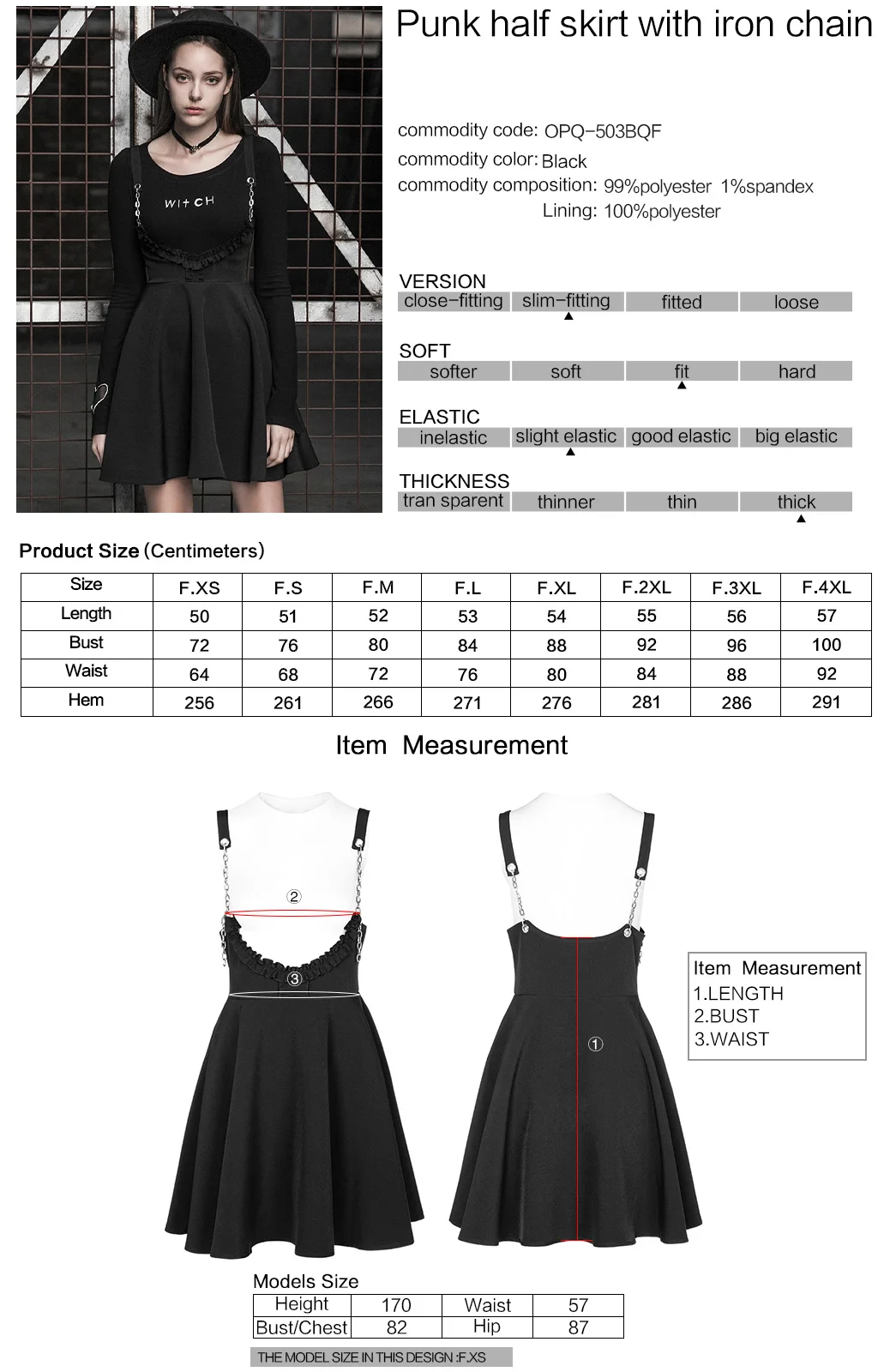 PUNK RAVE Women Gothic Punk Half Skirt with Iron Chain Chiffon High Waist Slim Fit Club Party Gothic Strap Skirt