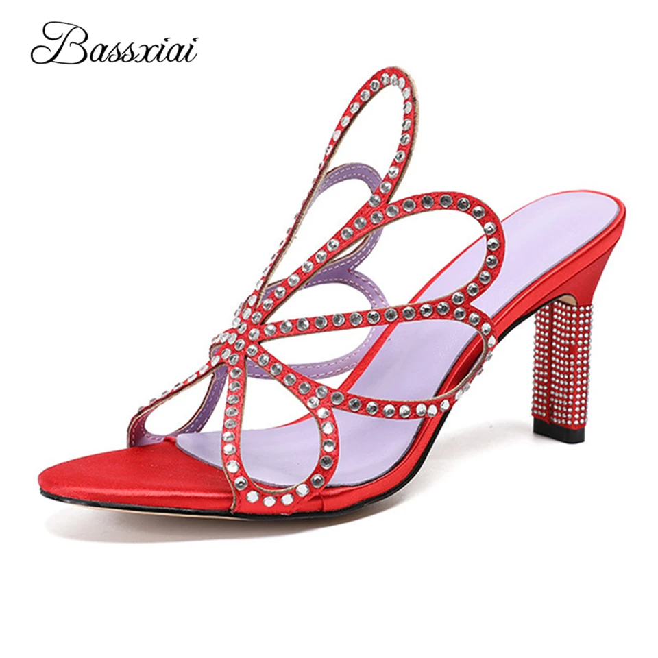 

Crystal Fretwork Bordered Flower High Heel Mules Lady Sexy Open Toe Luxury Satin Slingbacks Summer Sandals For Girls Women