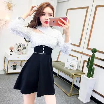 

Women dress Hollow Out Patchwork Slim Anglo-American Smell Small Sexy Tassel Maomao Waist Careful Big Pendulum Dresses