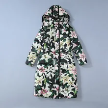 Европейская и американская женская одежда зима стиль длинный рукав с капюшоном Лилия печати утолщенный модный пуховик