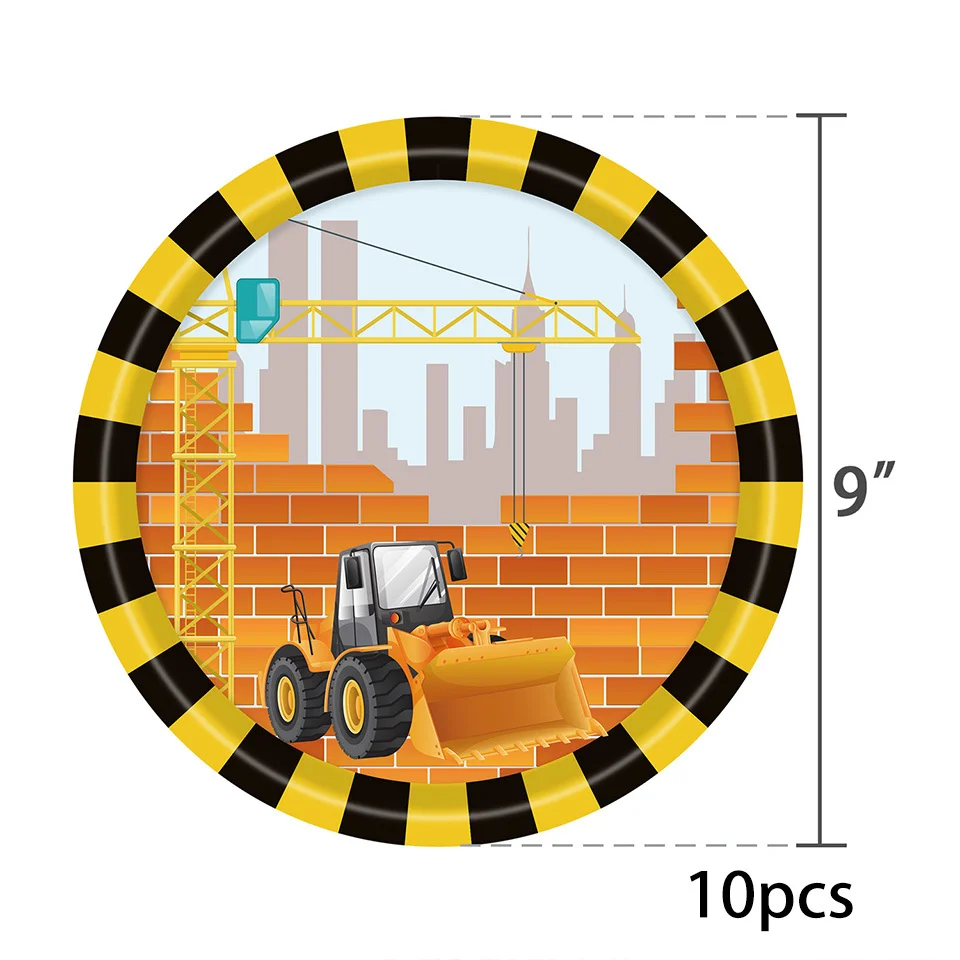 1set Construction Bulldozer Series Disposable Tableware Paper Cups Plates Truck Balloons For Boy's Birthday DIY Party Decoration