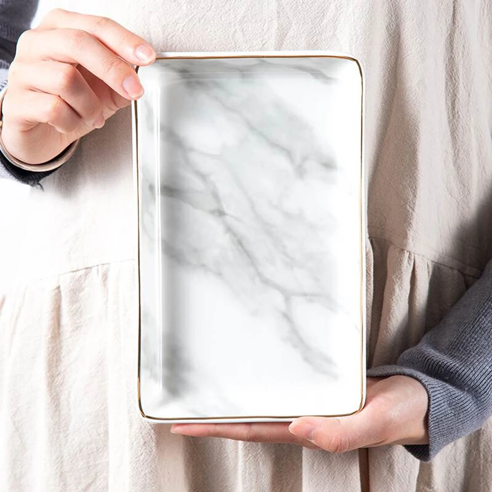 

Nordic Style Ceramic Jewelry European Marble Pattern StorageTrays Home desktop Organizer Space Saving Rectangular Food Tray