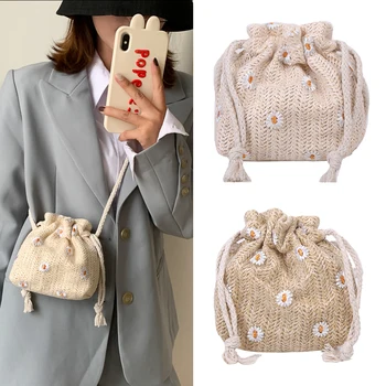 

Women Woven Shoulder Messenger Handbag Drawstring Pouch Daisy Flower 2020 Summer Female Beach Holiday Small Crossbody Bags