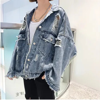 

Vintage Women's Jacket 2020 Casual Clothing Hole Coat Long Sleeve Pocket Button Denim Jacket coats and jackets women winter new