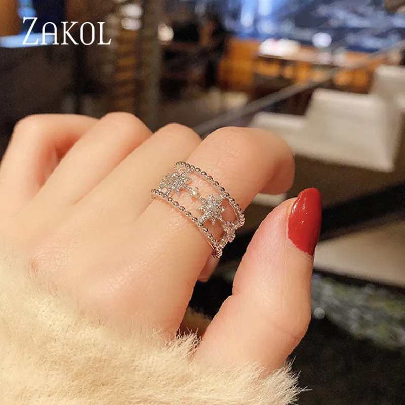 Модное высококачественное регулируемое кольцо ZAKOL с фианитом и звездой для