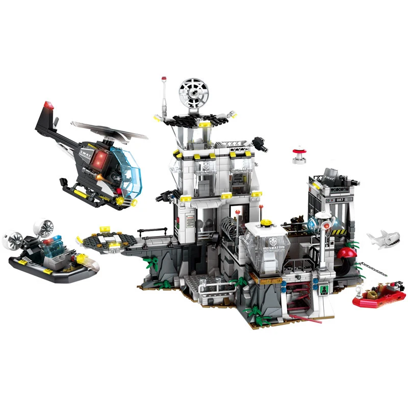

For LEGOing Military SWAT Series 1548pcs Island Prison Base Helicopter Boat Figures Blocks Toys Children For LEGOing City Set