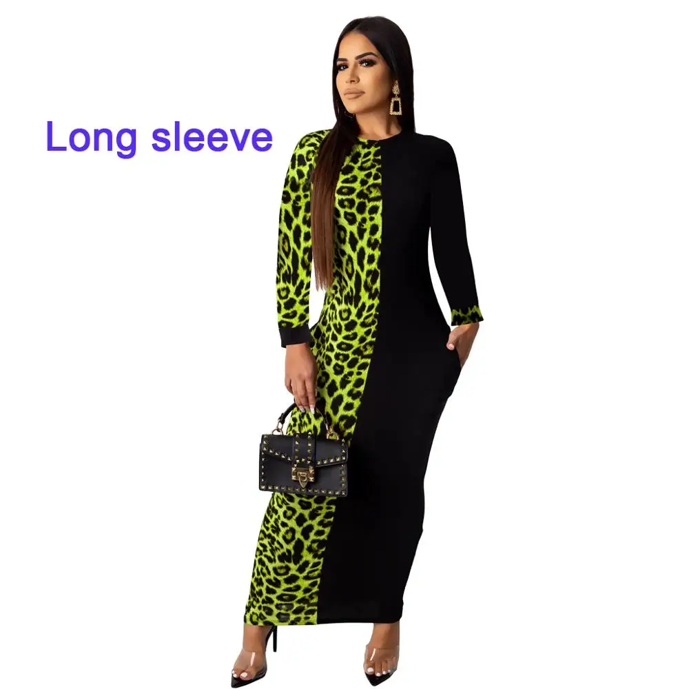 B long sleeve Осень Лето Женское лоскутное леопардовое платье бодикон Длинное Макси платье сексуальное Клубное платье для вечеринки женское платье размера плюс - Цвет: B long sleeve