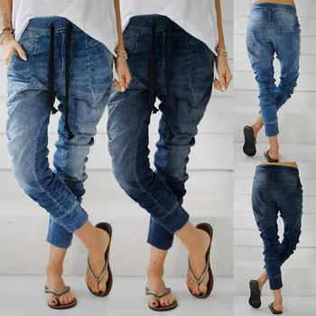 

Women's denim trousers, close-up lace-up denim trousers, harem pants