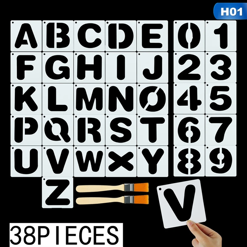 1PC Alphabet English Letters Stencils Painting Scrapbooking Stamping Embossing Album Paper Template 36 Templates + 2 Brushes