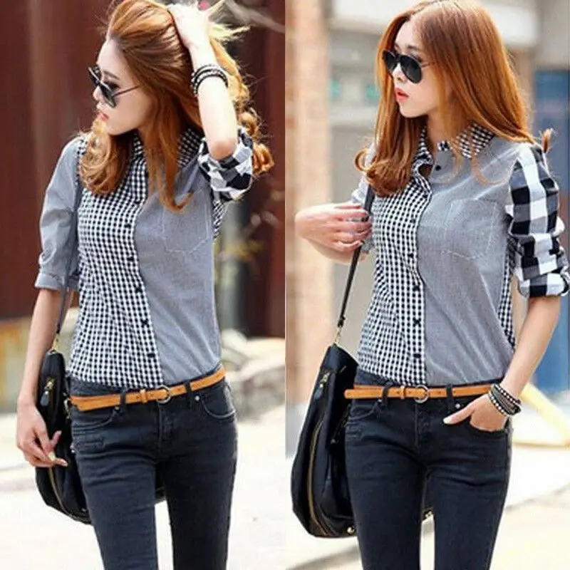 Women Retro OL Long Sleeve Graids Denim Shirt Casual Jean Blouse Tops Women Retro OL Long Sleeve Graids Denim Shirt Casual Jean Blouse Tops