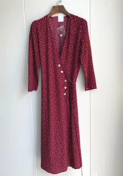 

Women Dress French Wrap Polka Printing Deep V Neck Long Sleeve Dress with Side Dot Double-breasted Buttons